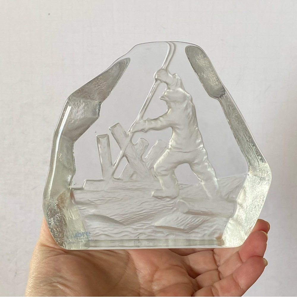 Vintage Nybro Sweden Rune Strand MCM Heavy Frosted Glass Block Logger Water 6”